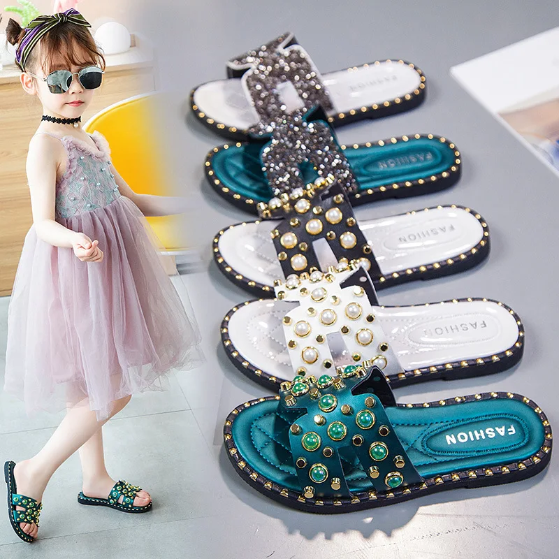 

Girls Summer Slippers Fashion Princess Children Summer Beach Slides for Kids Big Teenagers Rivets Pearls Beading Princess 26-39