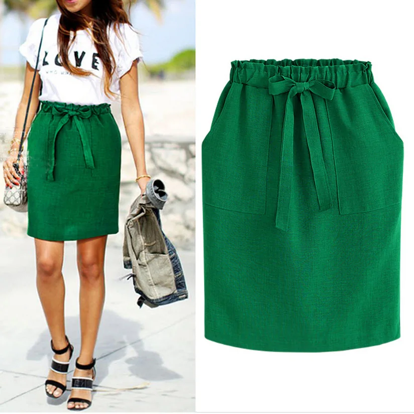 

Summer Autumn Elegant Midi Skirts Womens Office Pencil Skirt Cotton Elastic Waist Package Hip Skirt Bow Skirt Green