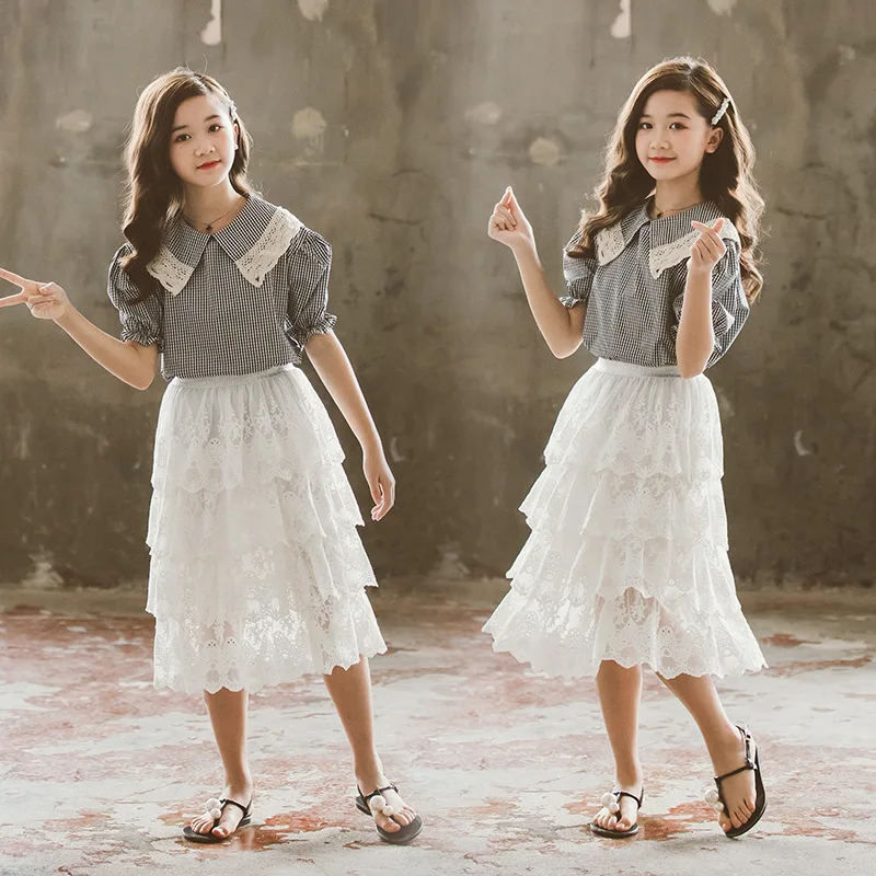 

new 2020 Big Girls Summer Clothing Sets Kids Two-piece palid Ruffle Sleeve shirts & white lace skirts Fashion Teenage Outfits