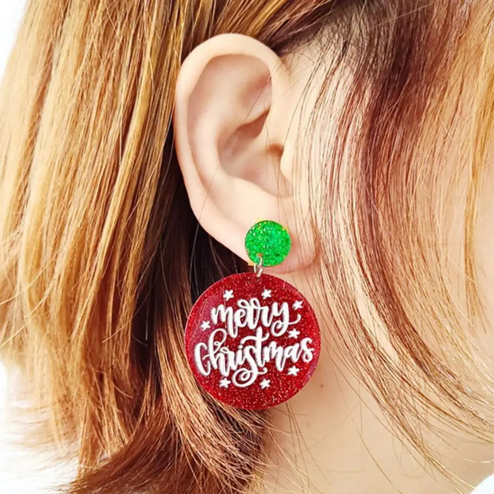 

Stud Hook Glittery Merry Christmas Geometrical Round Hoop Earrings for Gathering