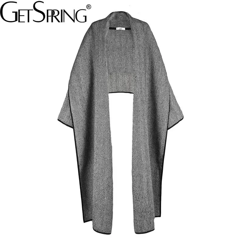 

Getspring Women Woolen Coat Asymmetry V-neck Gray Striped Tweed Coats Irregular Vintage Fashion Short Winter Overcoat For Women