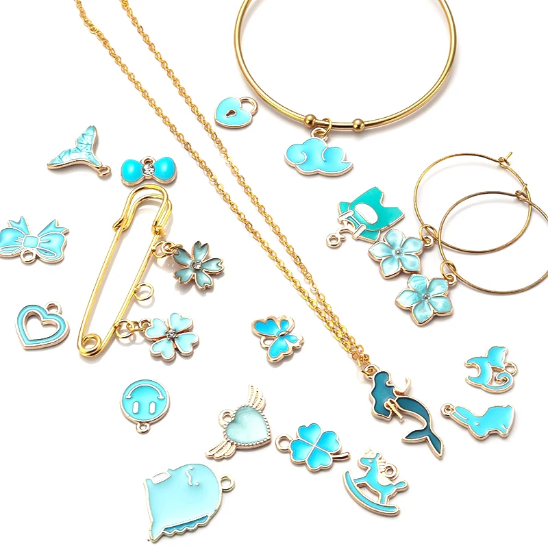 Mix 30pcs/pack Baby Blue Enamel Charms Snow Flower Heart DIY Earrings Bracelet Pendant Neacklace Accessories For Jewelry Making - купить по