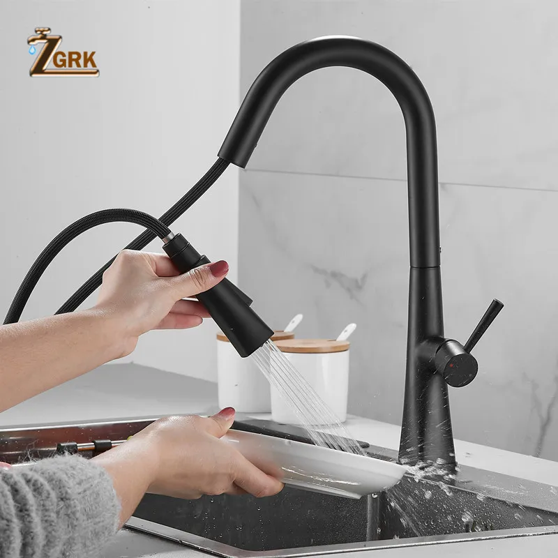 

ZGRK Faucet Kitchen Deck Mounted Pull Out Kitchen Mixer Taps Swivel 360 Degree Hot And Cold Black Faucet