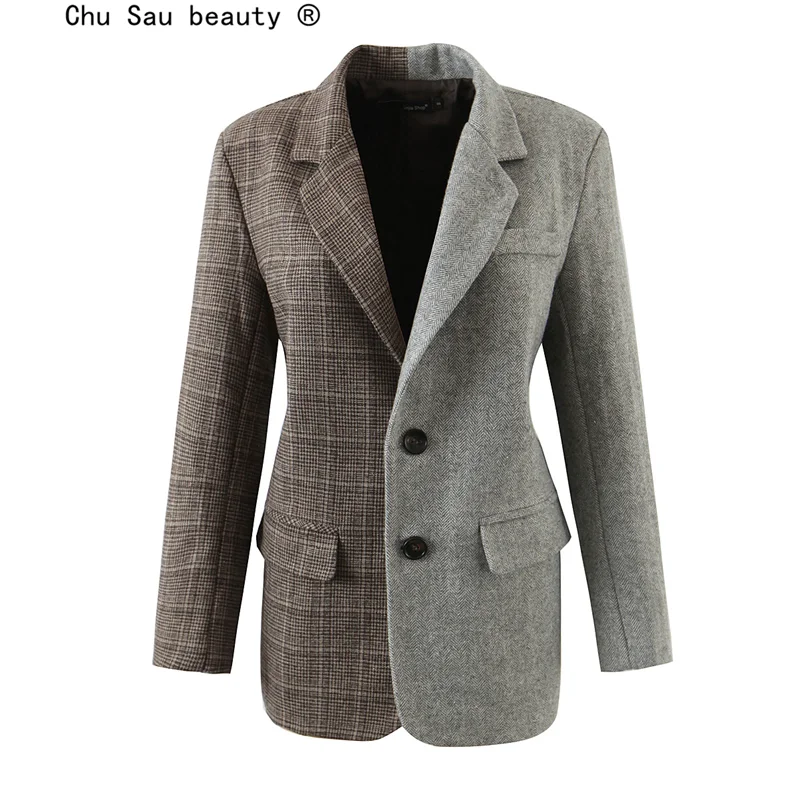 

Autumn Winter New 2021 Women Casual V-neck Color Matching Mid-Length Slim Woolen Overcoat Coat Suit Office Ladies