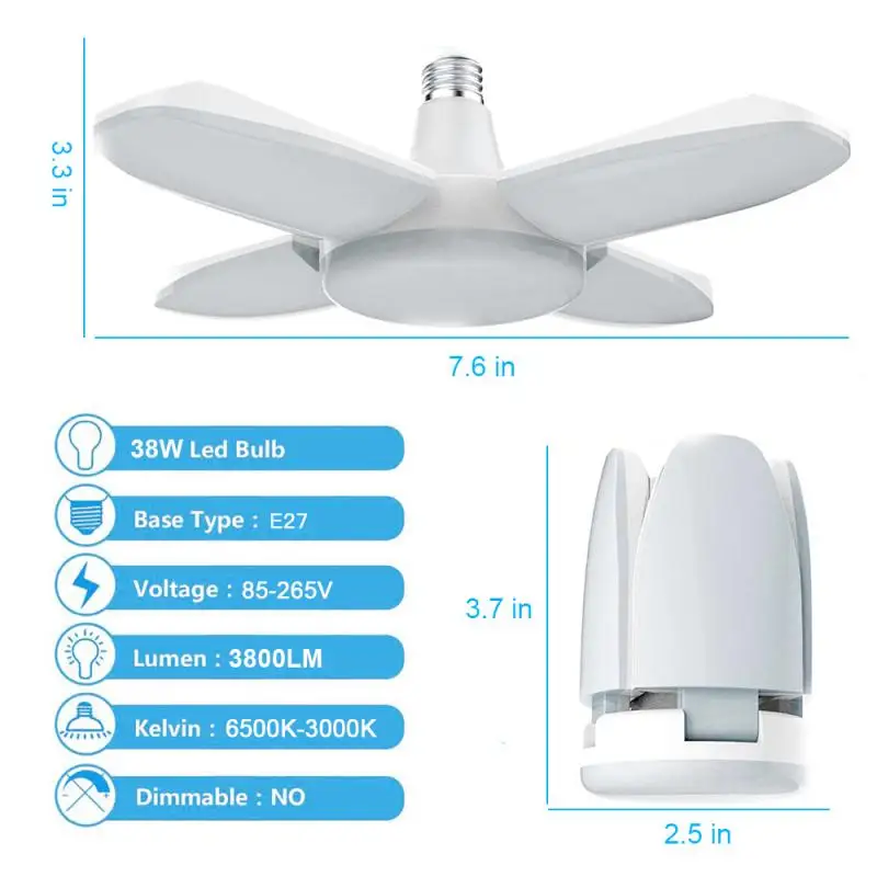 

48W LED Garage Folding Light E27 Bulb Deformable Ceiling Fixture Light Workshop Shop Lamp Energy Saving Industrial Lighting New