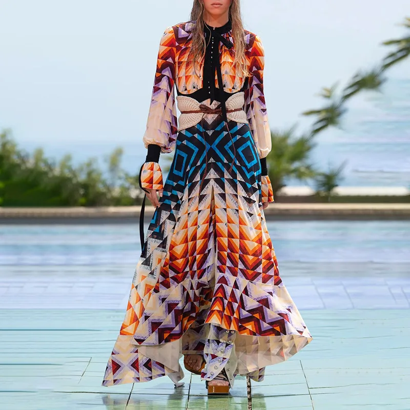 

Donsignet Bohemian Print Long Dresses Women Autumn New Belt Irregular Dresses for Women Party Dresses Women Evening