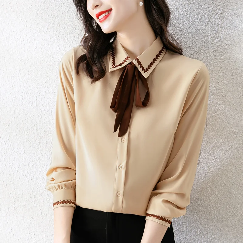 

2021autumn New Elegant Business Shirt Women's Design Bowknot Shirt Long Sleeve Satin Silk Top