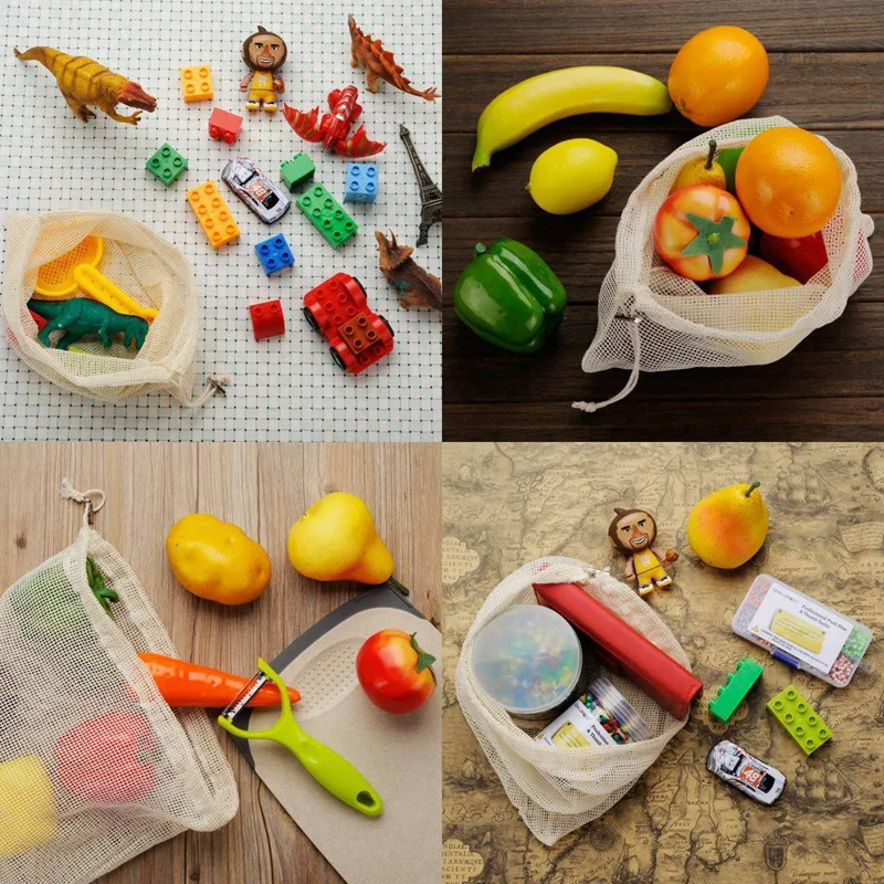 

10 Pack Reusable Cotton Produce Mesh Bag & 7Pcs Natural Cotton Mesh Bag, Net Shopping Tote