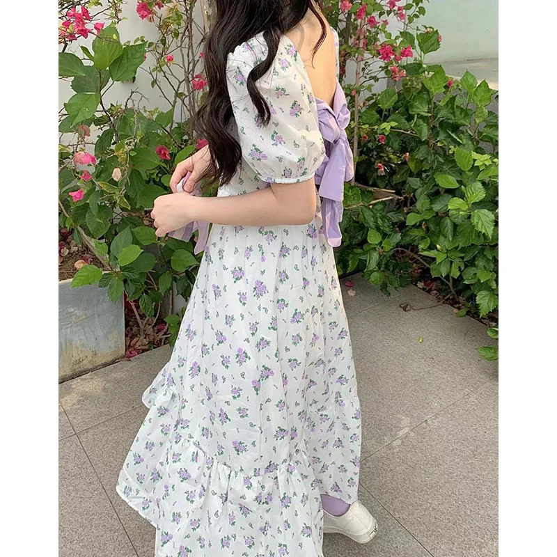 

Korejepo Women Dress 2021 Summer New French Sweet Retro Floral Square Collar Puff Sleeve Back Bow Female Waist Slim Long Dress