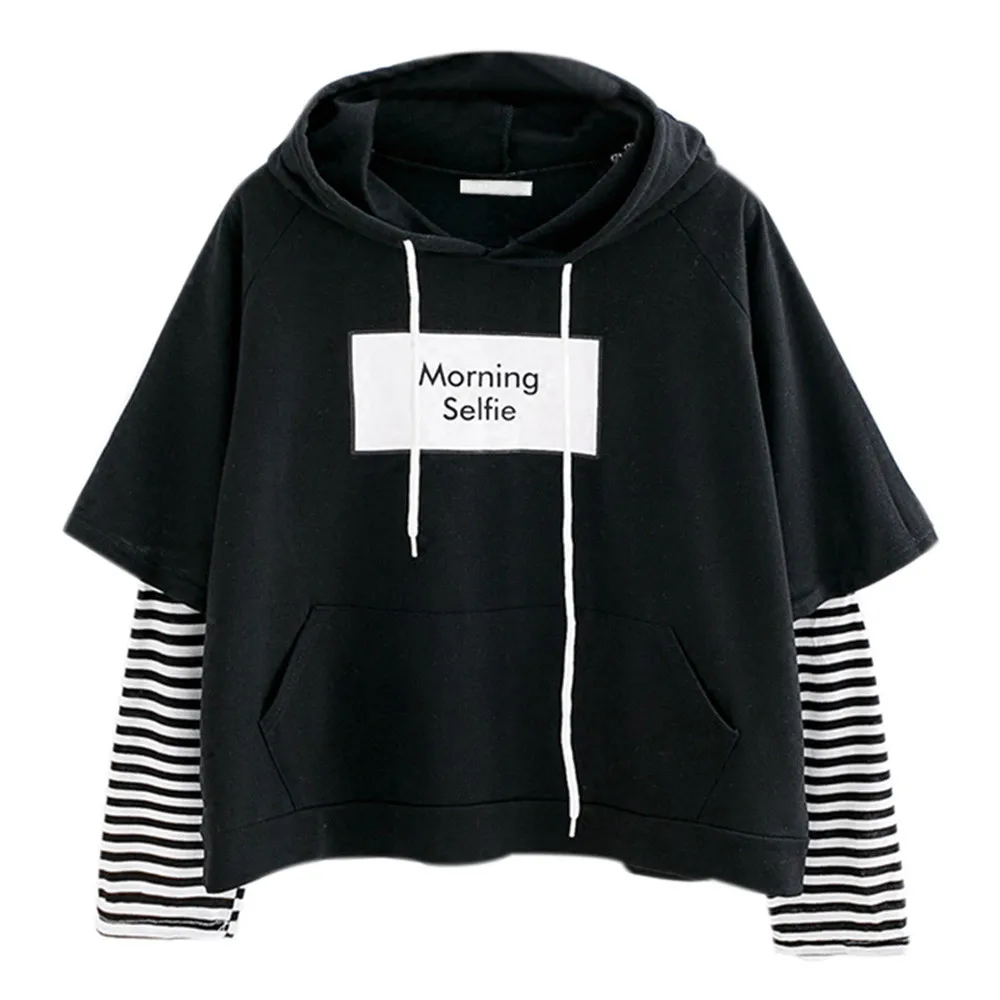 Ladies sweatshirt hooded long-sleeved Morning selife stitching striped fashionable and comfortable casual top F04* | Женская одежда