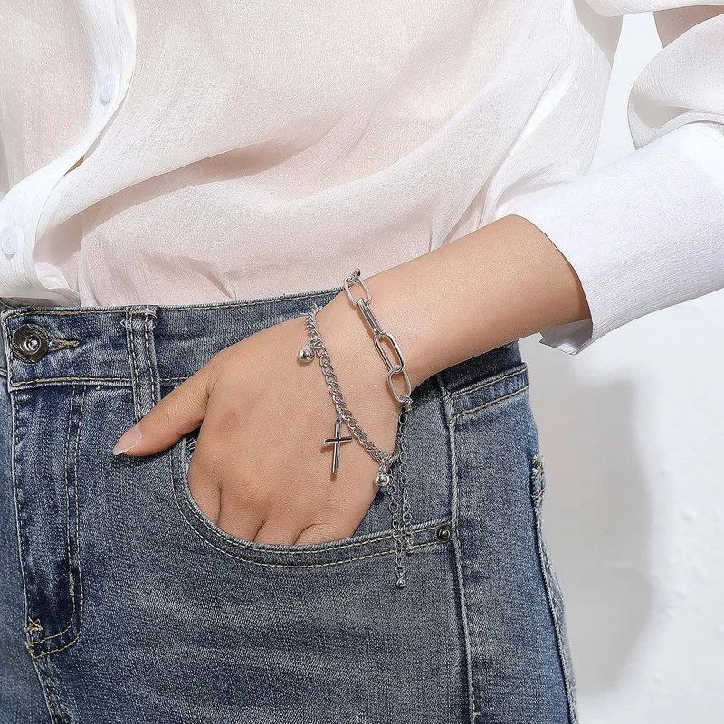 

fashion men Multi-layer bracelet thick chain cross pendant gold bracelet for women punk retro fashion bracelet jewelry