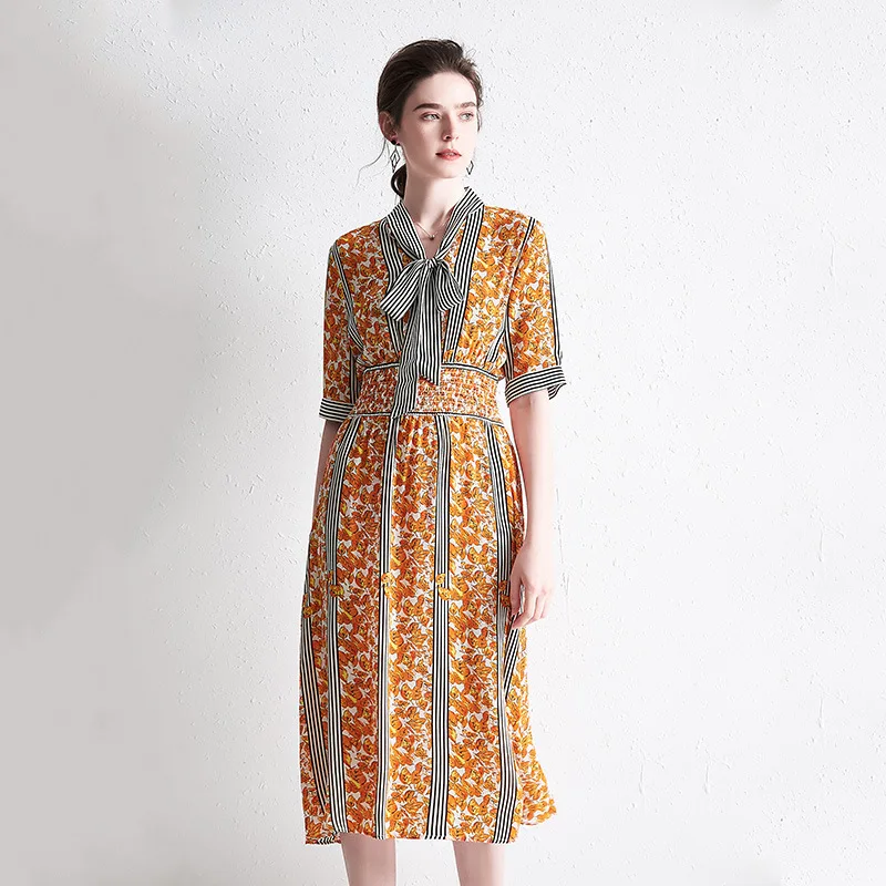 

New Silk Dress Medium Length Close Body Show Thin Medium Sleeve Mulberry Silk Color Stripe A-line Skirt