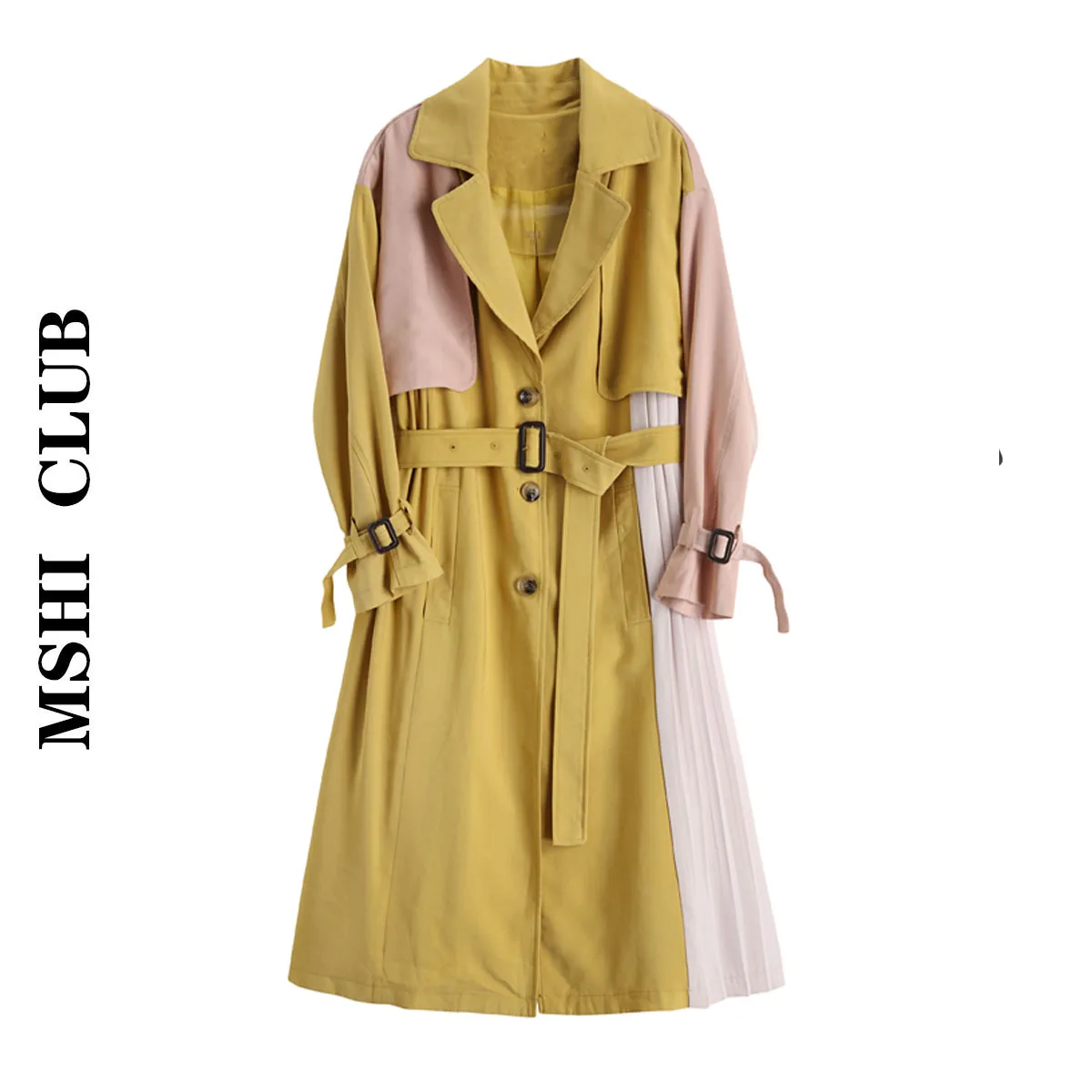 Женский желтый контрастный цветной лоскутный плиссированный большой Тренч