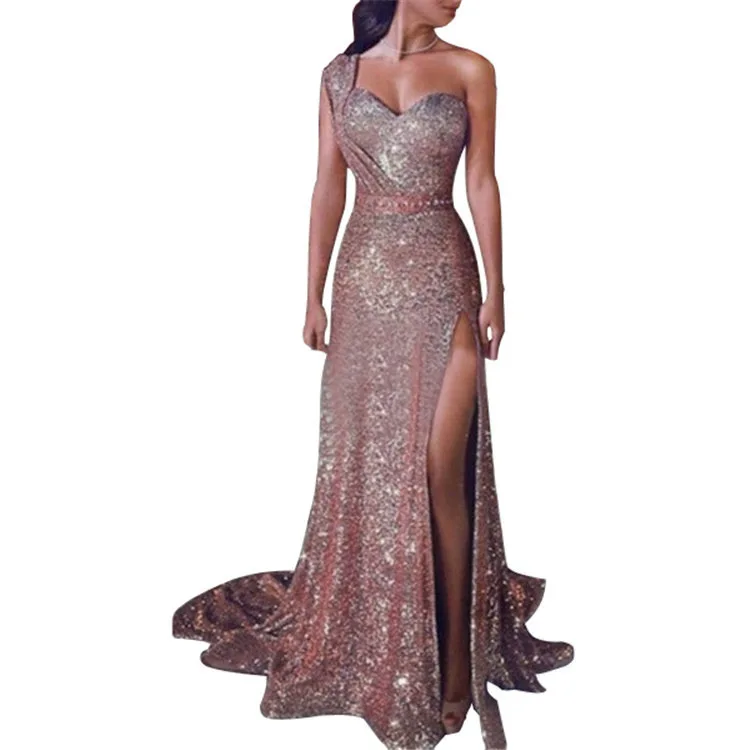 Explosion Models European And American Dresses Women Elegant Sexy One-shoulder Sleeveless Bronzing Dress Split | Женская одежда