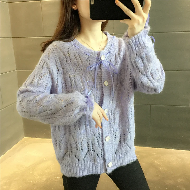 

Room 208043, row 8, No. 4 (top)] real shot solid color round neck hollow out lace up knitted cardigan [3009] 62
