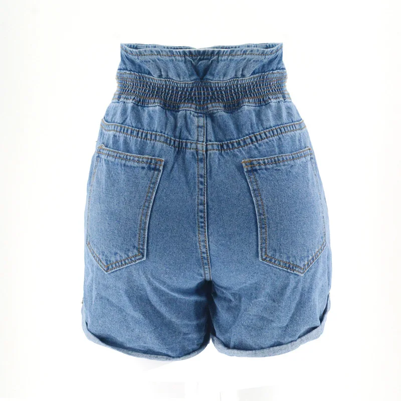 

Denimcolab Elastic Waist Denim Shorts Women Summer Casual Loose Short Jeans Ladies Solid Rolled Cuffs Buttons Hot Shorts 2021