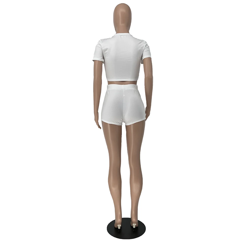 

Casual Black White Sportswear Two Piece Sets Women New Short Sleeve Top+High Waist Biker Shorts Matching Set Athleisure Outfit