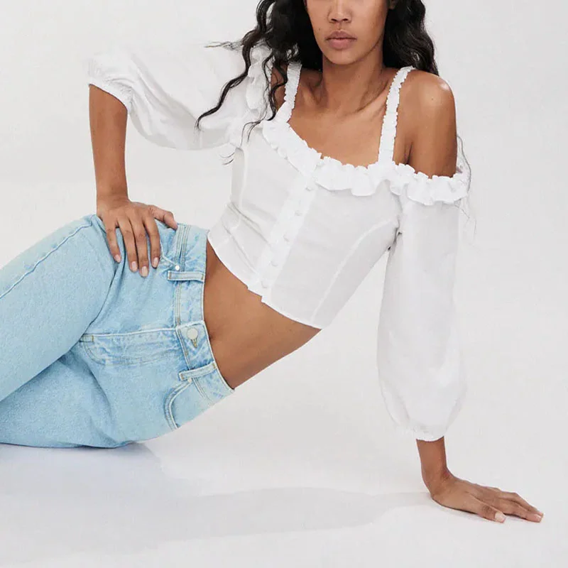 

Женская блузка с рюшами Za, белый укороченный Топ без бретелек с прямым вырезом, шикарная летняя блузка на пуговицах с длинными рукавами-фона...