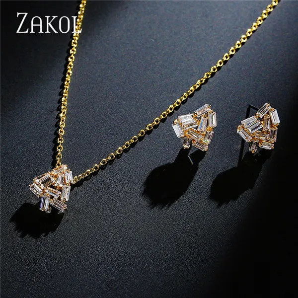 Gold Color ZAKOL изысканный багет кубический циркон Свадебный набор украшений для женщин девушка мода треугольник ожерелье и серьги набор FSSP343 - Окраска металла: Gold Color