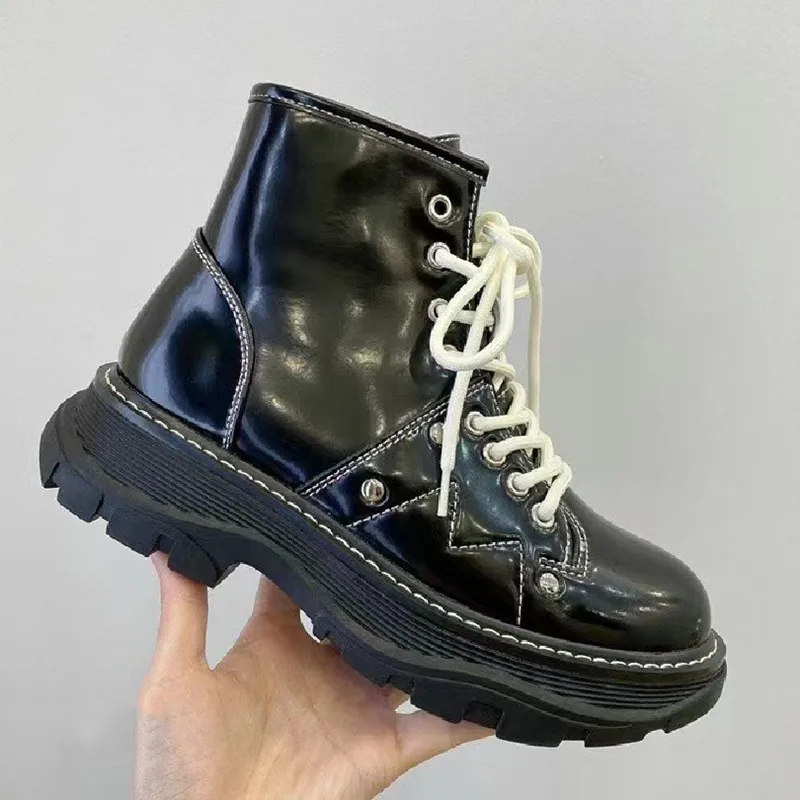 

Genunie Leather Flat Platform Women's Ankle Boots Cowhide Black White Shoes For Women Thick Bottom Heel 5.5cm 2021 New Fashion