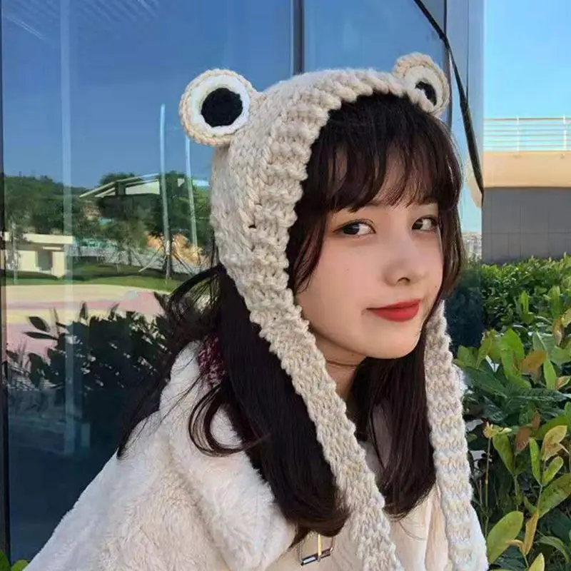 

Women Men Cute Frog Eyes Weave Knitted Skullies Beanie Hat Solid Color Chunky Crochet Harajuku Winter Warm Earflap Cap