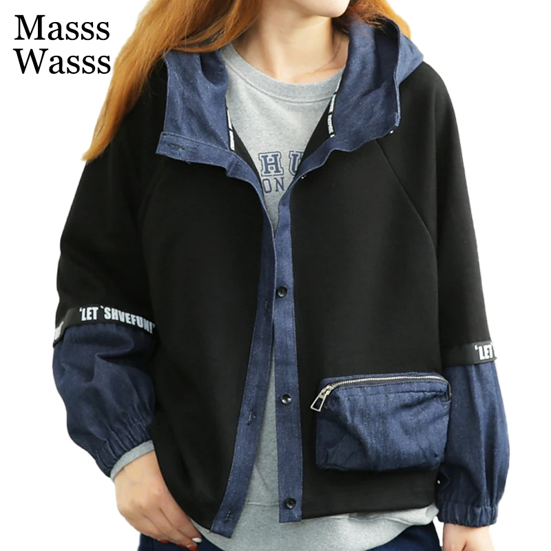 

Masss Wasss Autumn 2021 Denim Patchwork Hooded Jacket Womens Harajuku Loose Casual Coat Female Buttons Black Zippers Clothing