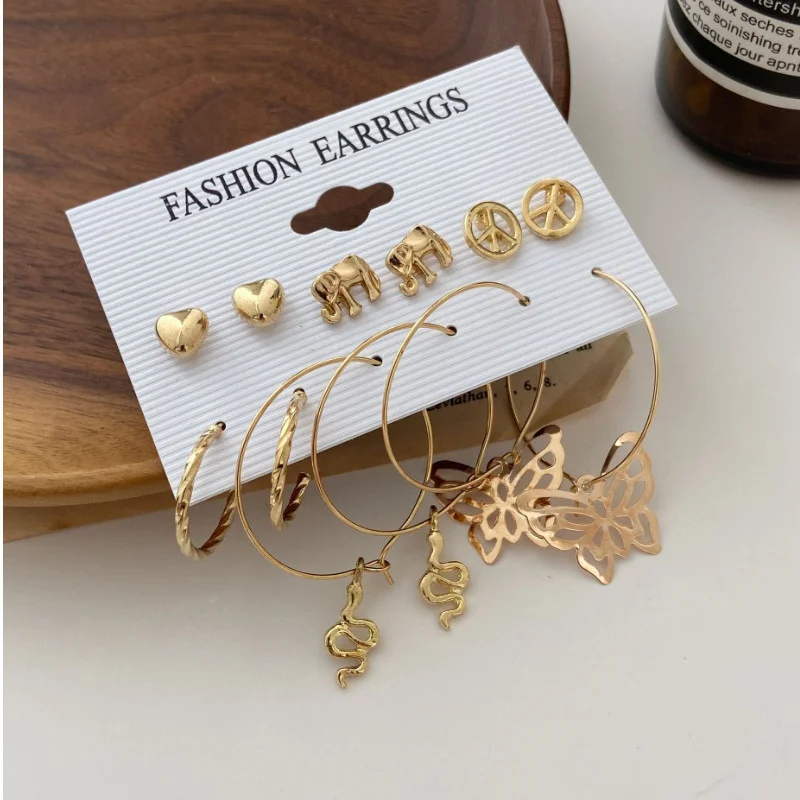 

New Jewelry 6 Pairs/set Geometric Circle Creative Butterfly Love Heart Pendant Earrings Set for Women