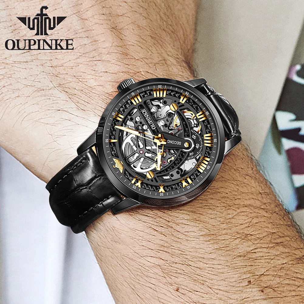 

OUPINKE Luxury Mens Mechanical Watches Sapphire Glass Automatic Wristwatch Sports Skeleton Leather Waterproof men watch Gifts