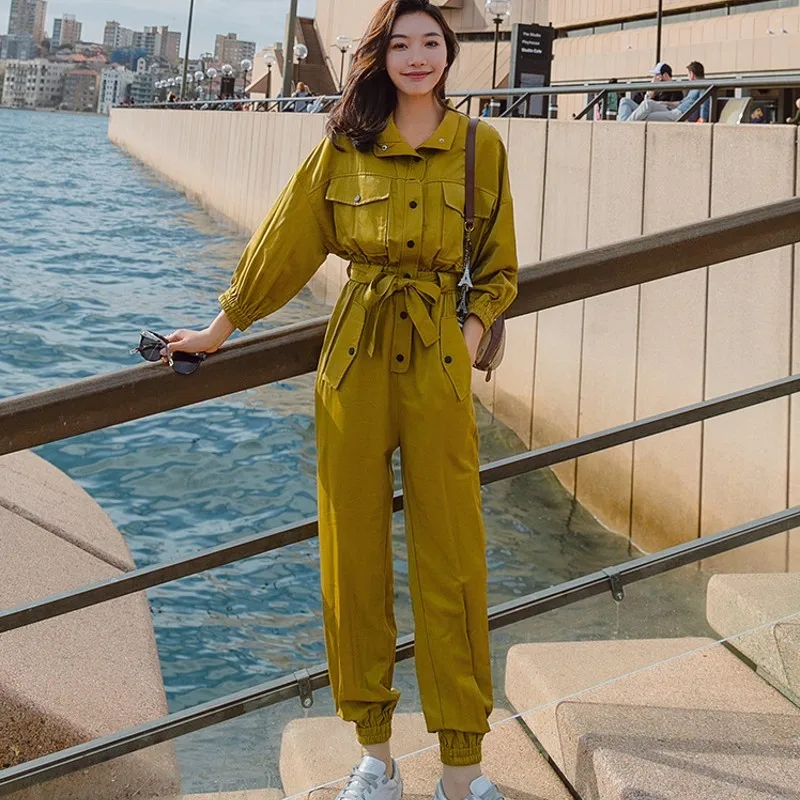Yellow Women Jumpsuit Fashion 2020 Boyfriend Loose Fit Ladies Rompers Long Sleeve Belted Jumpsuits Spring Romper Womens Overalls