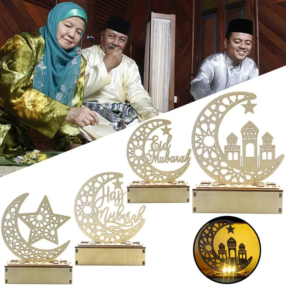 

Ramadan Eid Mubarak Decorations for Home Moon LED Candles Light Wooden Plaque Hanging Pendant Islam Muslim Event Party Supplies