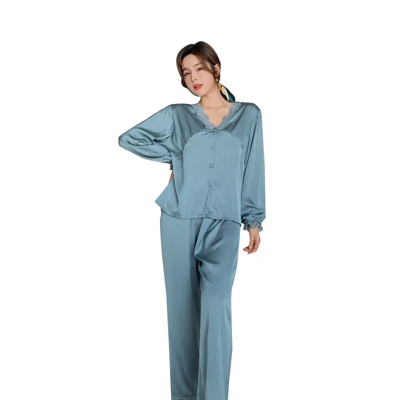 

Sexy 2PCS Pajamas Suit Women V-Neck Sleep Set Blue Lace Nightwear Casual Spring Summer New Sleepwear Satin Intimate Lingerie