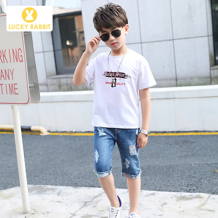Children Cute Fashion Summer Kids Boy Clothes 2 Piece Set White T-Shirt Shredded Jeans 5-14 Years |