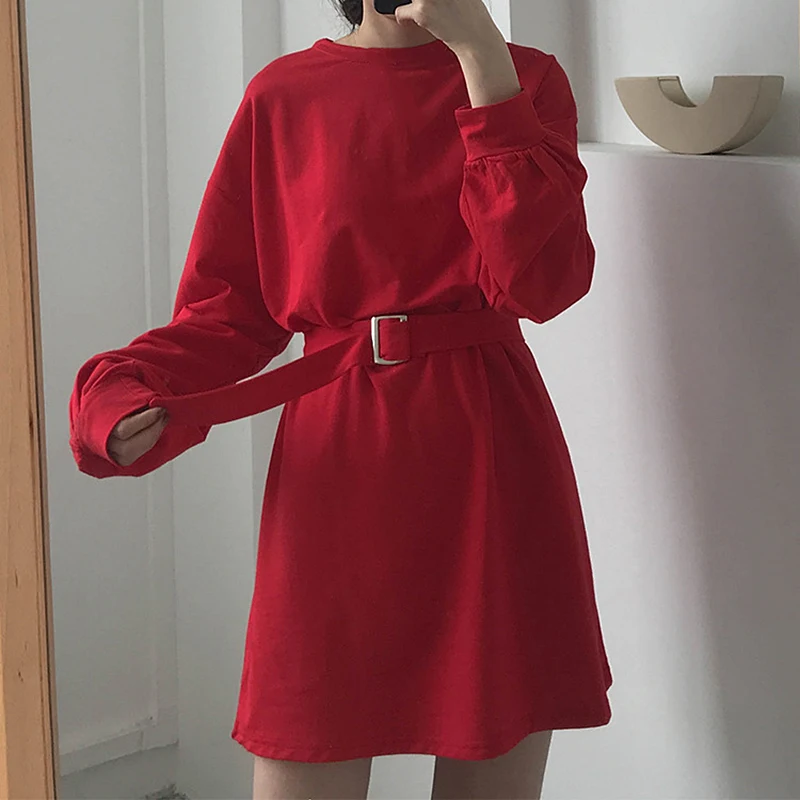 

7 Colors Long Sleeve Blouse Women Spring Autumn Korean Solid Color Loose O Neck Female Girl Dress With Belt