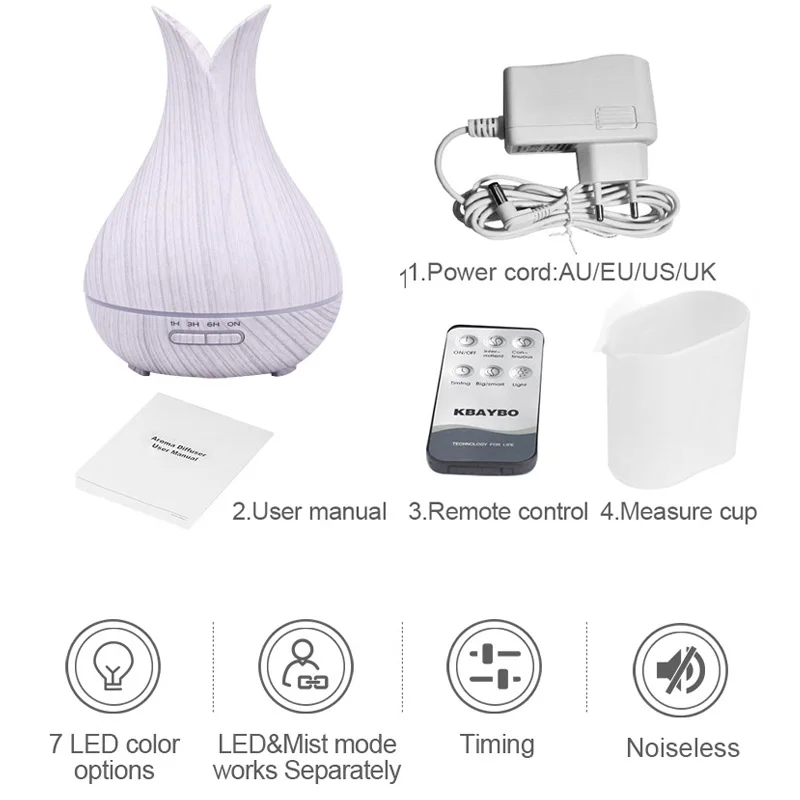 

7 light options lamp 400ml air humidifier with remote control white wood grain aroma oil diffuser air purifier for home