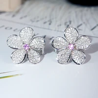 elegant high quality white zircon platinum pink full zircon flower earrings female wedding engagement jewelry gift earring studs