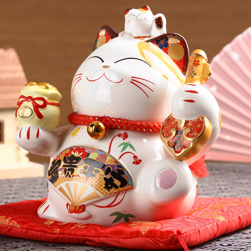 

8 inch Ceramic Maneki Neko Lucky Cat Money Box Coin Bank Home Decoration Ornament with Cushion Business Gift