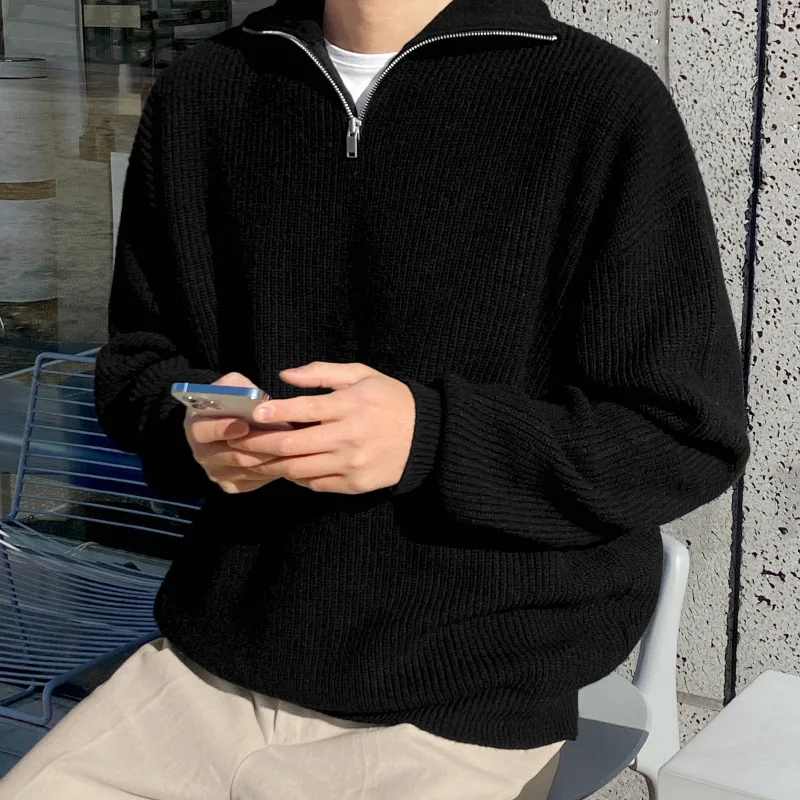 

Men Oversized Black Knitted Sweater Xxl Autumn Winter Male Knitwear Casual Zip Up Pullover Boys Knit Top Loose Striped Sweaters