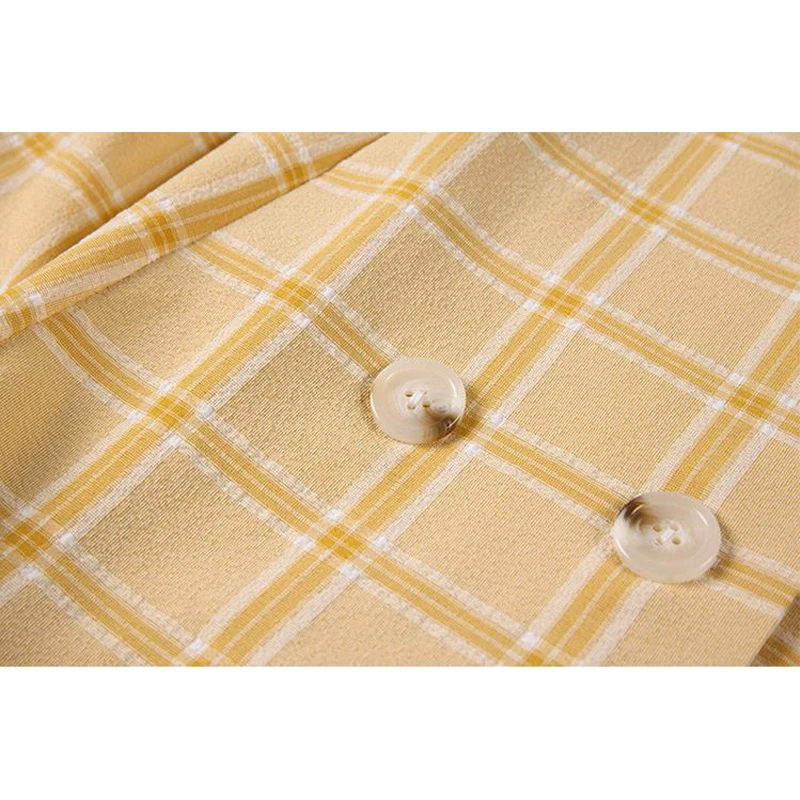 

Short Sleeve Summer Crop Dress Women Plaid Print Vintage Korean Double Breasted Mini Frcoks Or Vestidos 2021 Bandage Slim Female