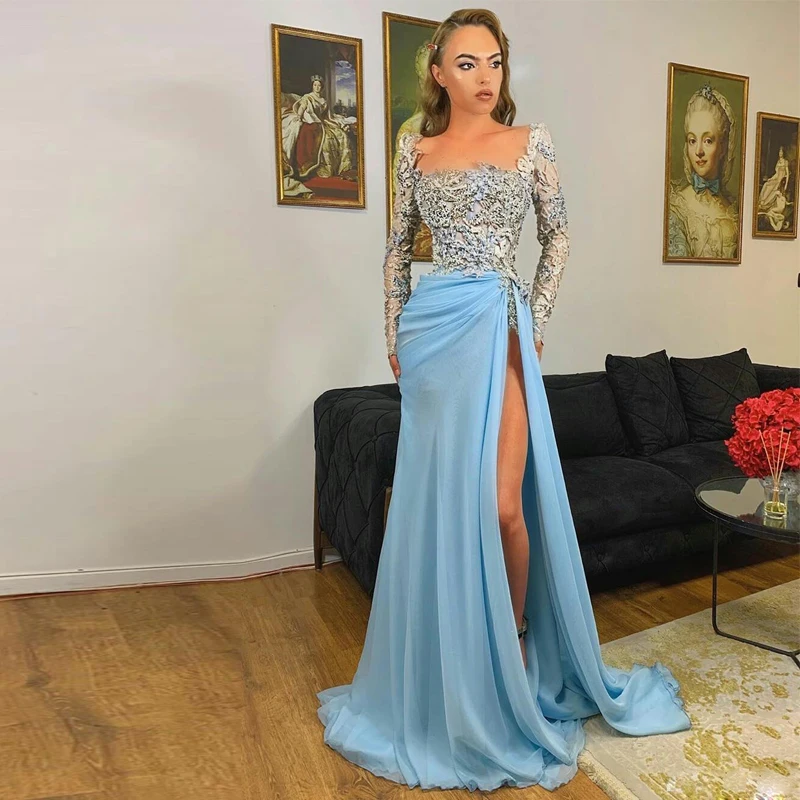 

Шифоновое платье с высокой талией, с квадратным вырезом, длинным рукавом, украшенное бисером, для особых случаев, платье с разрезом для выпу...