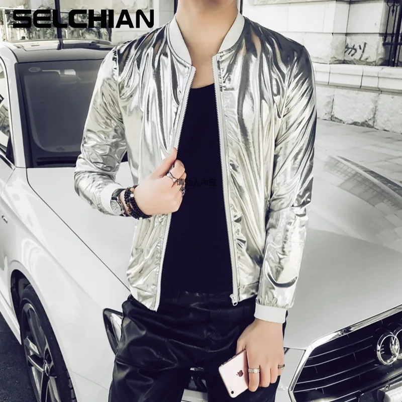 

2020 New Fashion Jacket Men Silver Shiny Fabric Hip hop Streetwear Slim Fit Stretch Stage Dance Clothing Plus Size