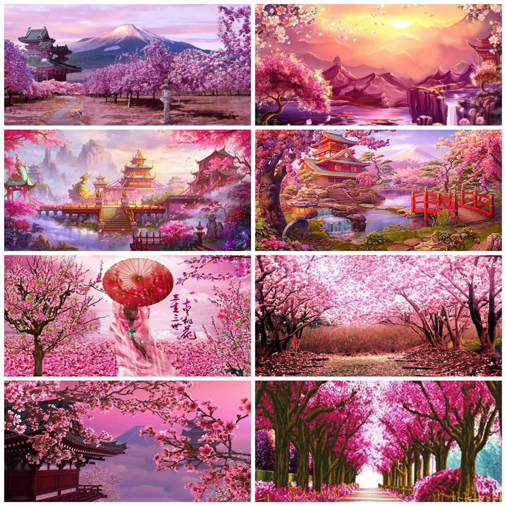 Huacan Diamond Painting Full Cherry Blossoms Mosaic House Sakura Embroidery Scenery Home Decor Diamond Art