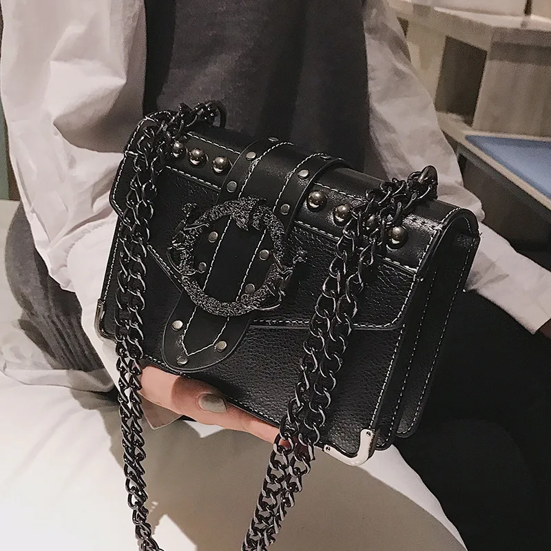 

2020 European style fashion women quare bag high quality PU leather women designer handbags rivet chain shoulder messenger bag