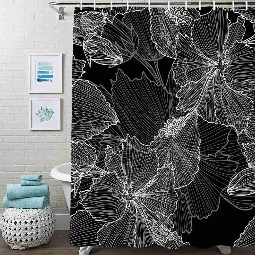 

Black And White Shower Curtain Hibiscus Gift Shower Curtain Waterproof Fabric For Bathroom Decor Shower Curtains Set with Hooks