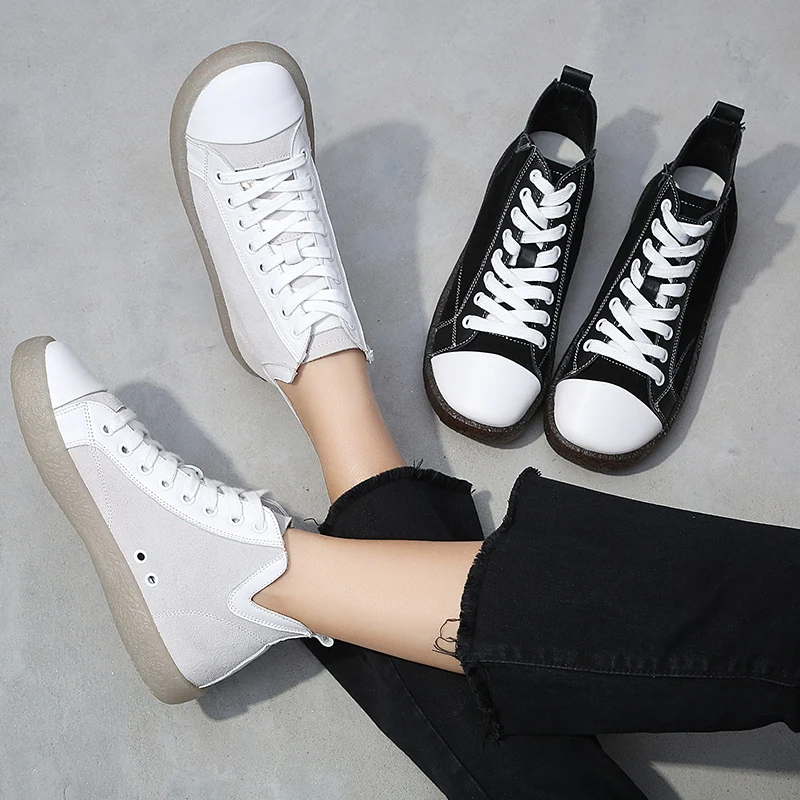 

Plus Size 43 Women Flats Genuien Leather Casual Black Shoes Autumn Sneakers Women Handmade Leather Flats Women White Shoes 2019