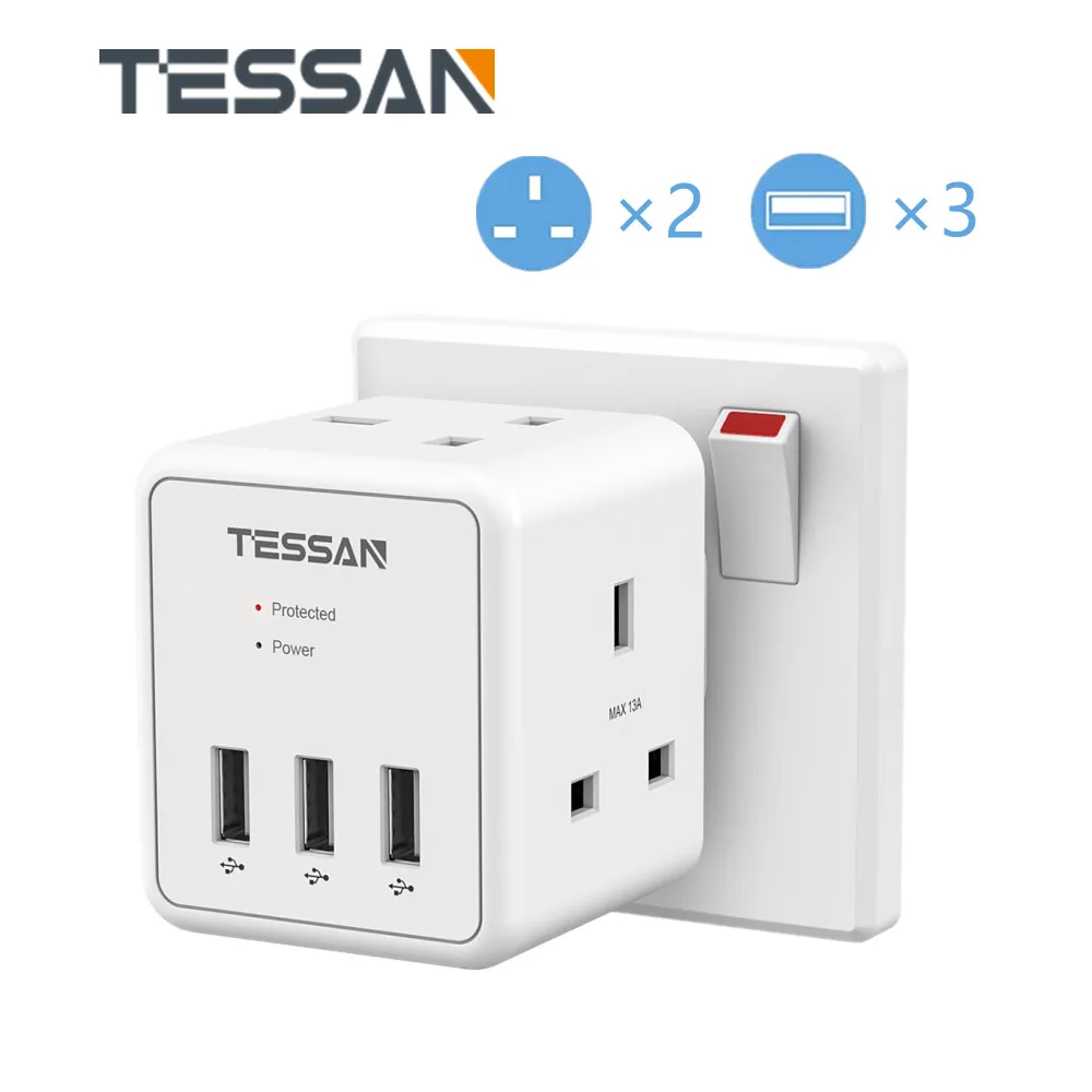 

TESSAN USB Wall Socket Power Strip Cube With 3 USB Ports and 2 UK Outlets Multiple Socket Charger Adapter for Smartphone/Tablet