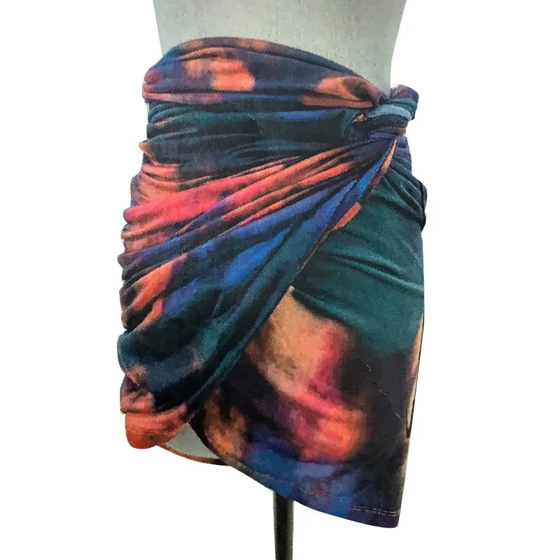 

TWOTWINSTYLE Tie Dye Mini Skirt For Women High Waist Ruched Hit Color Bodycon Skirts Female Fashion New Clothing Summer Style