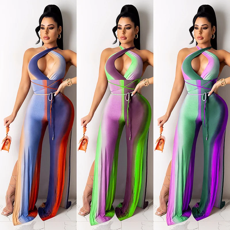 

2021 New Female Jumpsuit Gradient Striped Hollow Out Halter Strapless Side Split Wide Leg Overalls Summer Sexy Night Club Romper