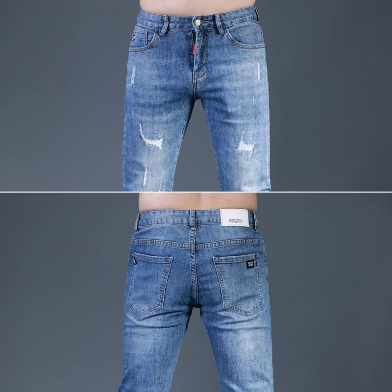 Summer Men's Blue Ripped Jeans Casual Slim Fit Ankle-Length Pants Korean Style Denim Trousers