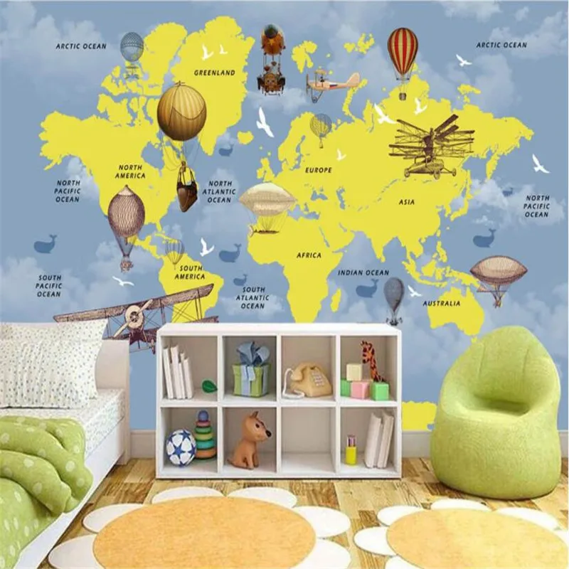 

Custom Cartoon Hot Air Balloon Planes World Map Background Mural Wallpapers for Kids Room Children's Room Decor Wall Paper 3D