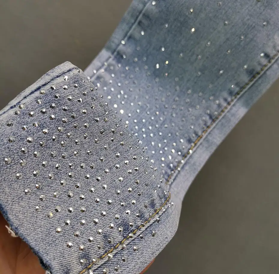 

Denim Pencil Pants Woman Spring High Waist Stretch skinny Jeans Trousers Hot Drilling Frayed Denim Pants r366